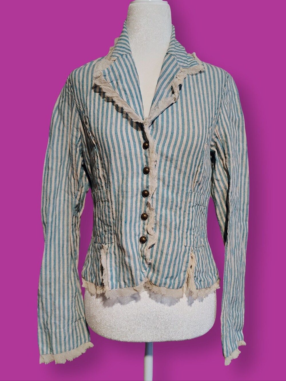 Y2k Vintage Linen Blazer Women's XS Extra Small Cream Green Pinstriped Jacket